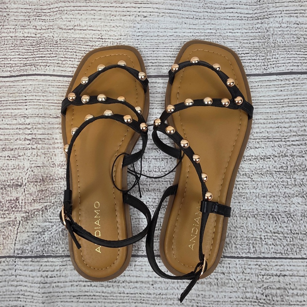 Andiamo Tan and Black Sandals with Gold Rivet Accents